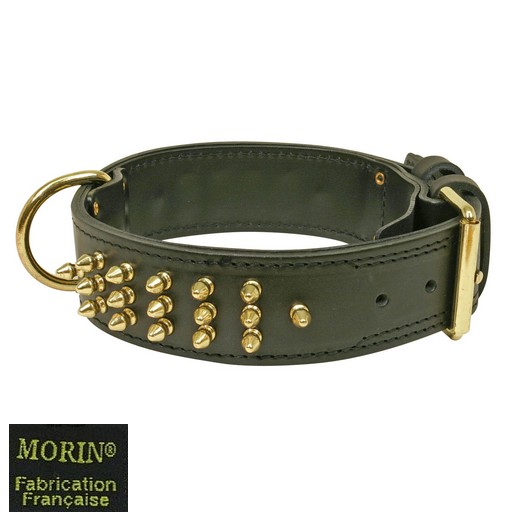 Collier chien en cuir clouté doré cousu double