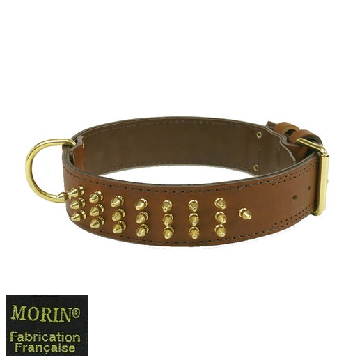 Collier chien en cuir clouté doré cousu double