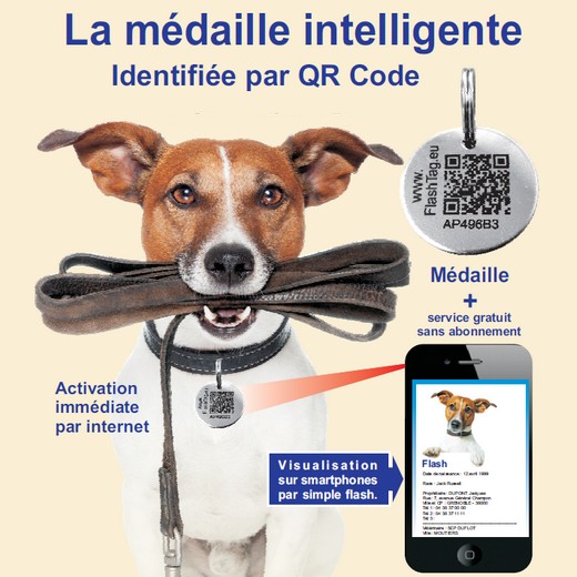 Médaille intelligente identifiée par QR Code pour chien ou chat