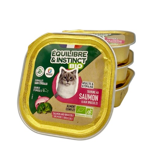 Comparer les prix de Terrine BIO chat adulte riche en saumon et aux brocolis - Equilibre & Instinct