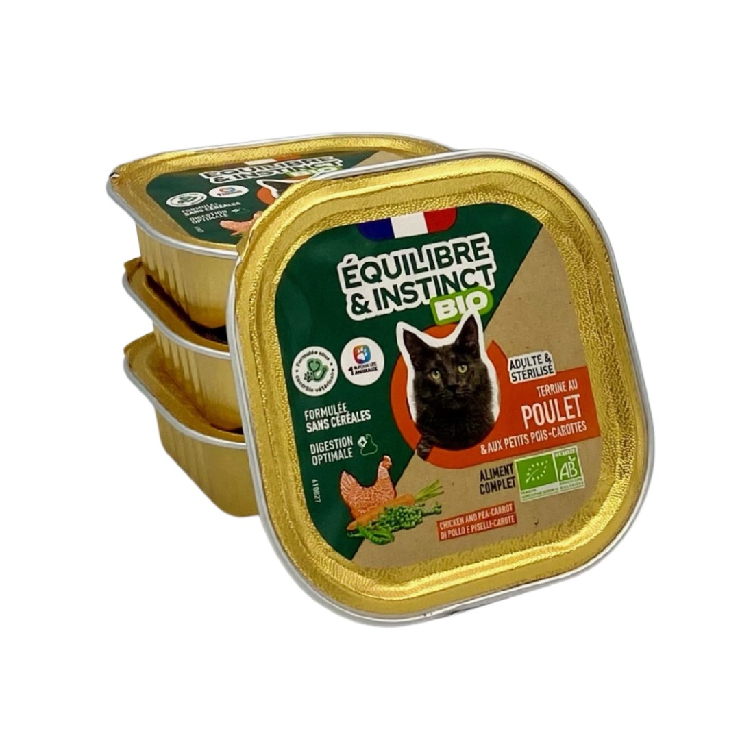 Meilleurs prix pour Terrine BIO chat adulte riche en poulet et aux petits pois-carottes - Equilibre & Instinct