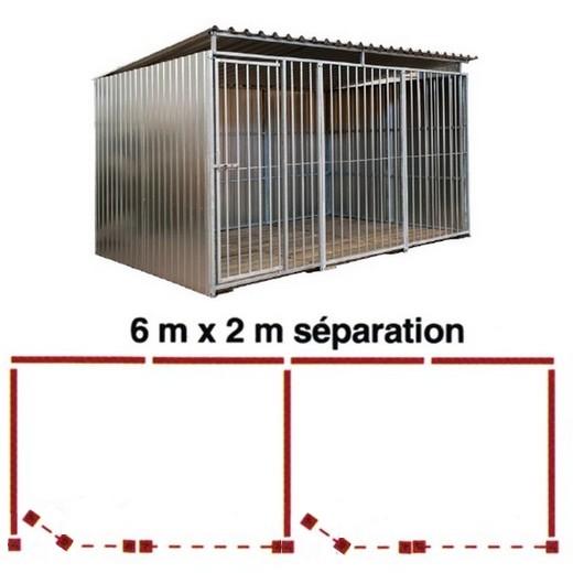 Chenil métal MKS - METALLO double 6 x 2 m avec 1 séparation, 2 portes  - Façade en barreaux